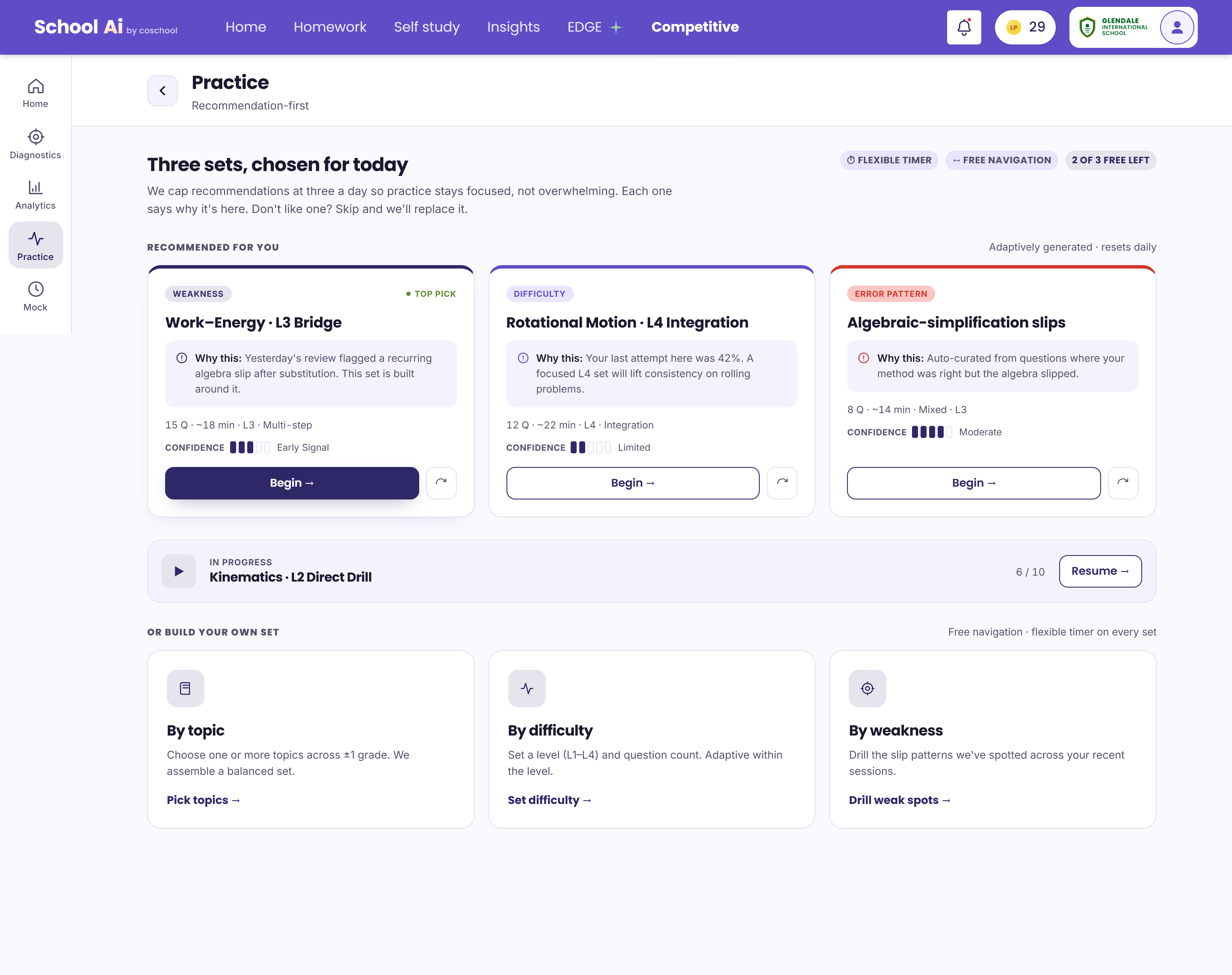 Practice browse screen with three recommended sets and options to build a set by topic, difficulty or weakness
