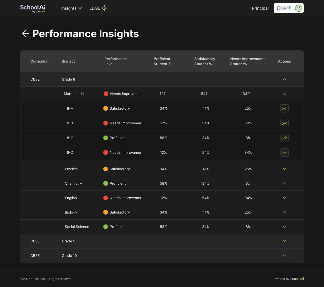 Principal performance insights table showing performance levels by grade, subject and section